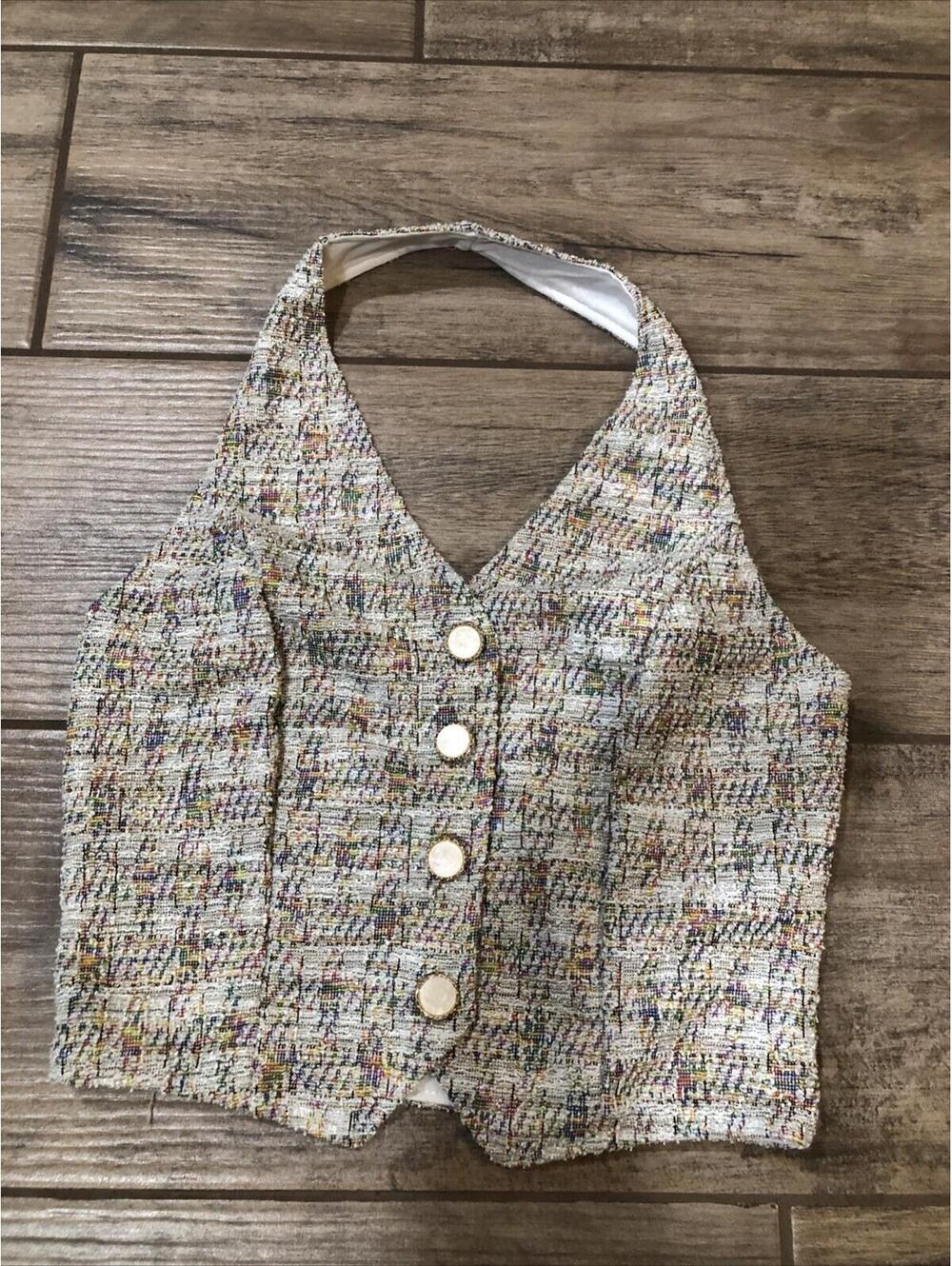 Dazy Womens Size S Multicolor Rainbow Tweed Button Halter Crop Top Festival‎
